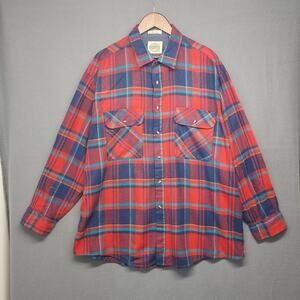 Vintage Saugatuck Mens Shirt 2X Red Blue Plaid Long Sleeve Button Up Acrylic